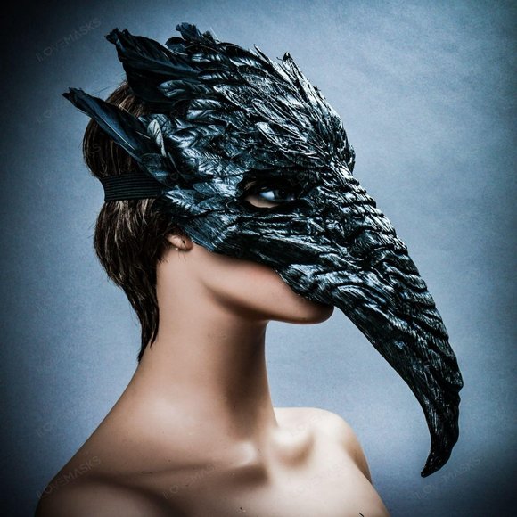Black Bird Curved Nose Feather Plague Doctor Mask - Picture 3 of 9